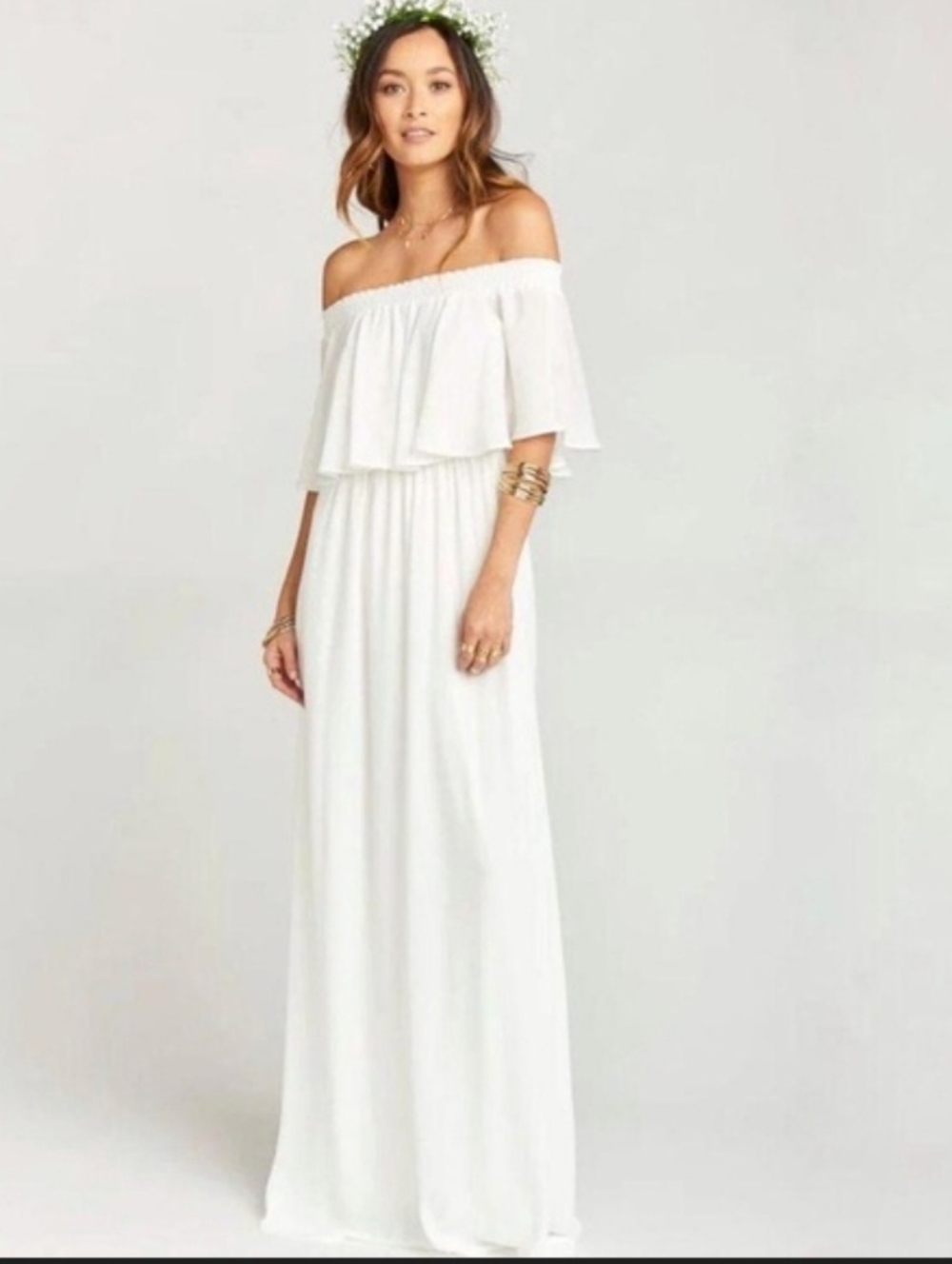Show Me Your MuMu‎ Cream Off-Shoulder Ruffle Maxi Dress
